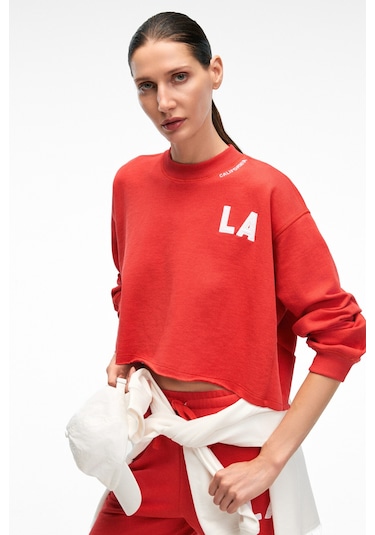 DELYRA Kadın Bisiklet Yaka Rahat Kesim Nakış Detaylı Kırmızı Sweatshirt