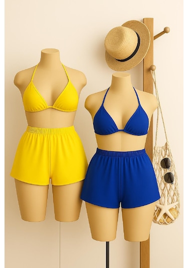 Kadın Sarı Ve Mavi Şortlu Belden Ve Boyundan Bağlamalı Bikini Tak Çok Renkli