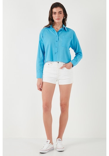 Lela Pamuk Ve Keten Karışımlı Regular Fit Önü Kısa Arkası Uzun Bayan Gömlek 6772867 Mavi