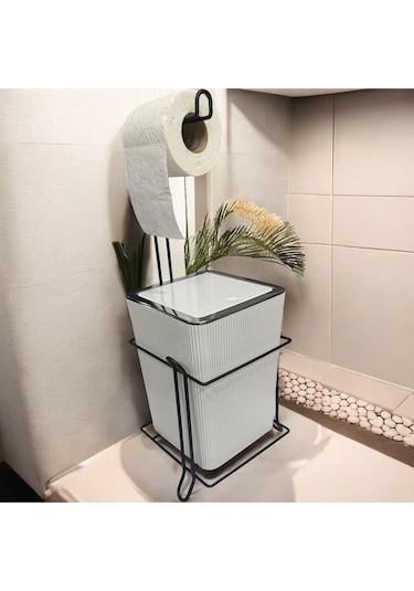 Suntel Banyo Mutfak Çöp Kovası Metal Standlı Tuvalet Kağıtlık Seti Beyaz
