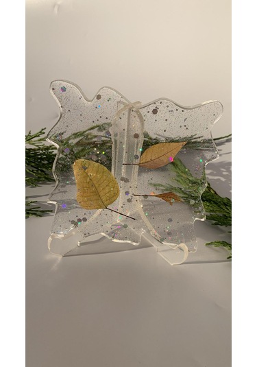 Şeffaf Epoksi İçinde Glitter Ve Kurutulmuş Yapraklı Dalgalı Kare Şeffaf