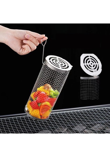 Sones Ahşap Saplı Küçük Paslanmaz Çelik Tekerlekli Izgara Sepeti Flip-top Kapaklı Barbekü Kafesi