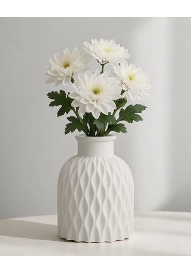 Çapraz Çizgili Oymalı Dekoratif Vazo El Yapımı Şık Tasarım Beyaz