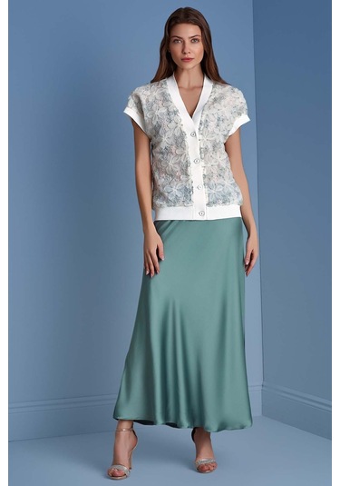 Evaze Kemik Yeşili Saten Etek Kemik Yeşili Yeşil