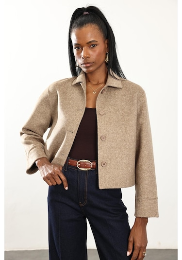 Vizon Gömlek Yaka Kısa Yün Ceket VIZON