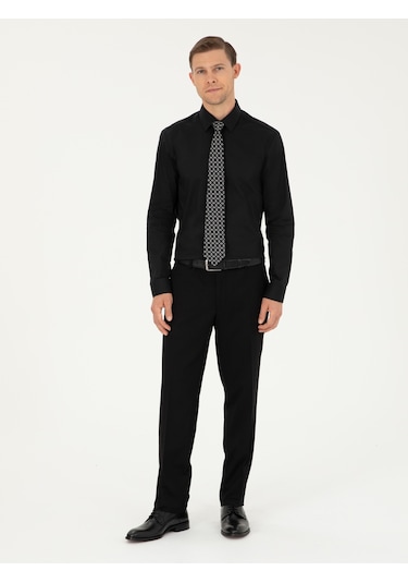 Cacharel Siyah Slim Fit Pamuk Karışımlı Klasik Gömlek