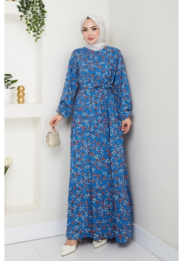 Semar Dokuma Viskon Elbise 1541 - Mavi Mavi