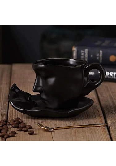 Seramik Yüz Desenli Kupa Bardak Siyah