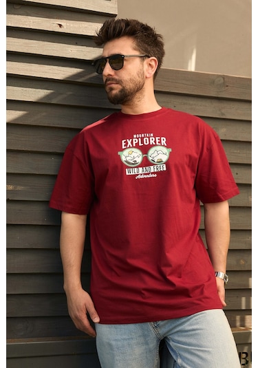Velvoria Unisex Oversize Mountain Explorer Baskılı Bordo Renk T-shirt