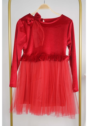 Kız Çocuk Yılbaşı Temalı Eteği Tül Astarlı Tokalı Kadife Uzun Kol Elbise Kırmızı