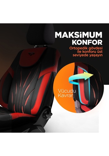 Panda Pars Serisi Deri Oto Koltuk Kılıfı - Kırmızı - Siyah