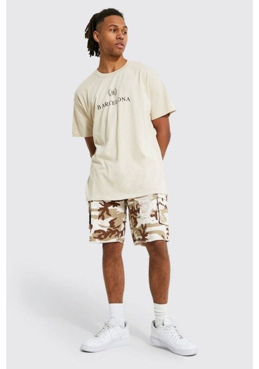 Unisex Bej Barcelona Baskılı Oversize Tshirt 001