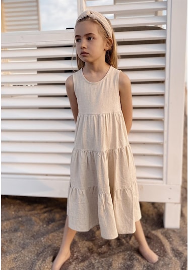 Cigit Büzgülü Katlı Keten Elbise 2-7 Yaş Naturel Naturel