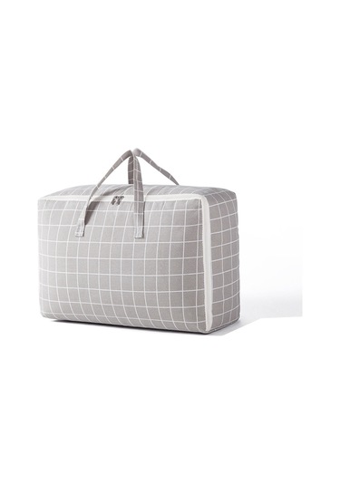 Springsun Büyük Boy Pamuk Keten Depolama Çantası - Battaniye, Kumaş, Yastık İçin Geniş Kabin - Gri Beyaz Kare Desenli Organize Ürünü Çok Renkli