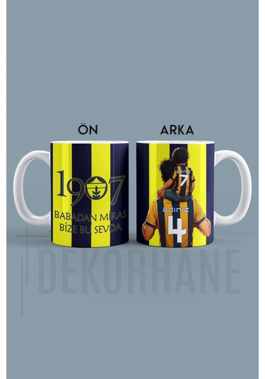 Sarı Lacivert Kişiye Özel, Taraftar Baba Oğul Tasarımlı Baskılı Hediye Kupa Bardak Lacivert