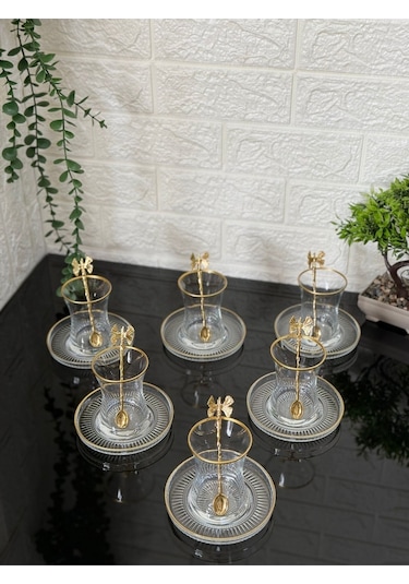 Çeyizci Çarşı 18 Parça Çay Seti Gold Kelebek Çay Kaşıklı 6 Bardak 6 Tabak 6 Kaşık Gold
