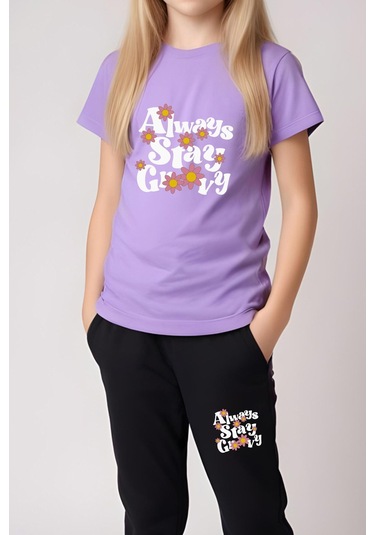 Always Stay Baskılı Kız Çocuk Tişört Ve Eşofman Alt-üst Takım Lila