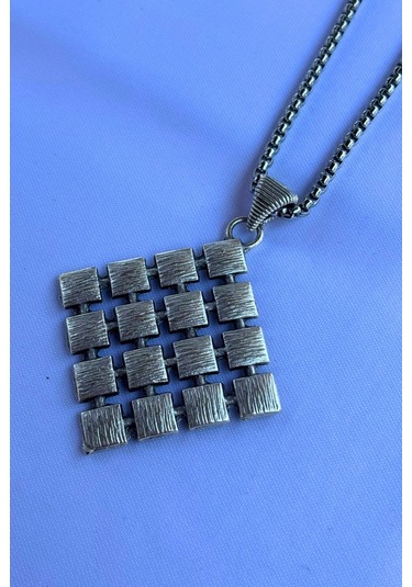 Kare Desenli El İşçiliği Paslanmaz Çelik Zincir Erkek Kolye Gümüş