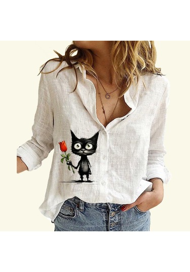 Kadın Moda Pamuk Keten Gömlek Kedi Baskılı Uzun Kollu Üst Bayan Günlük Düğmeli Bluz Beyaz