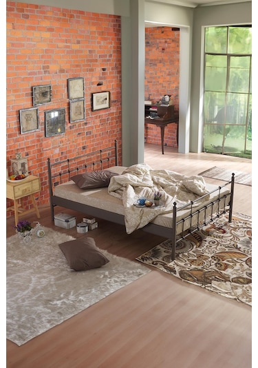 Lalas Çift Kişilik Metal Karyola-kahverengi Ahşap Latalı