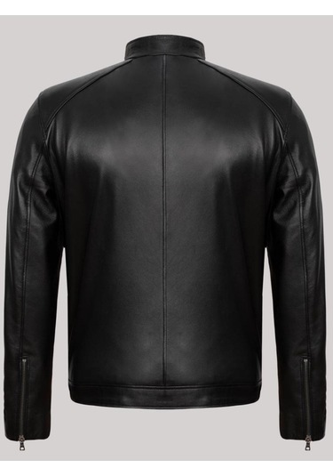 Hakiki Kuzu Derisi Siyah Erkek Deri Mont Kolları Fermuarlı Deri Ceket Siyah