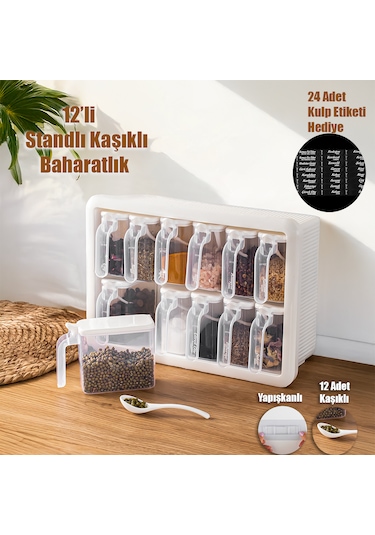 Porsima Simple 1168 Random 12'li Standlı Kendinden Yapışkanlı Kaşıklı Kapaklı Baharatlık Saklama Kabı Seti - Beyaz Beyaz