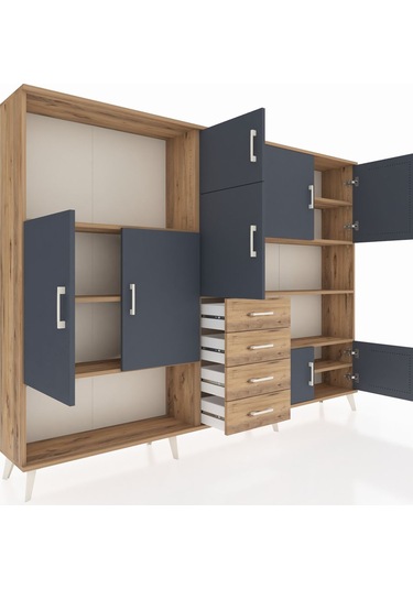 Arges Dolap 9 Raflı 4 Çekmeceli 8 Kapaklı 220x30x163 Çam-antrasit Çam-antrasit/çam