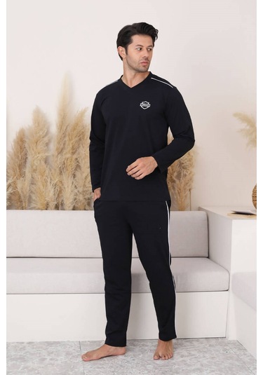 Erkek Siyah V Yaka %100 Pamuk Mevsimlik Uzun Kol Pijama Takımı-siyah Cepli Eşofman Takımı Siyah