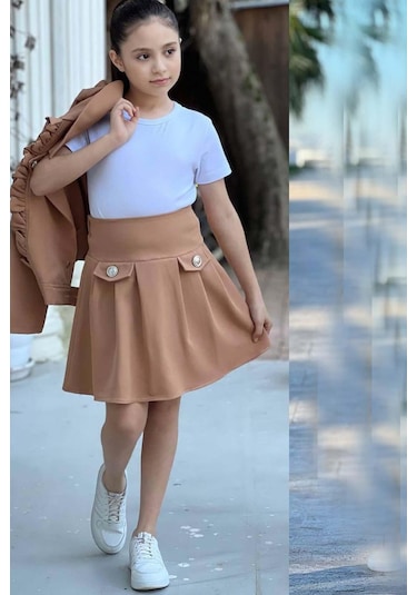 Riccotarz Kız Çocuk Gümüş Düğme Ve Fırfır Detaylı Kahverengi Ceket Etekli Takım 001