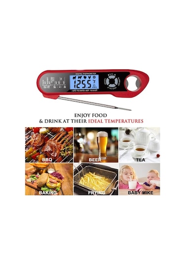 Ulzyvf Hızlı Oku Çift Problu Su Geçirmez Yemek Termometresi - Alarmlı Açılır Fonksiyonlu Kırmızı Kırmızı