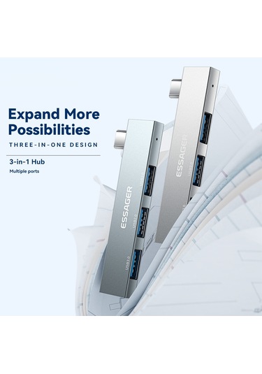 Cbtx Essager 3'ü 1 Arada Usb Hub Ayırıcı 1 Usb3.0 + 2 Usb2.0 Bağlantı Noktası Tip-c Tablet Dizüstü Bilgisayar İçin Alüminyum Alaşımlı Adaptör - Gri