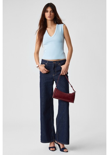 Lescosa Kadın Slim V Yaka Kolsuz Mavi Bluz