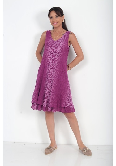 By Saygı Kadın İtalyan Cotton Leopar Desenli Astarlı Sıfır Kol Midi Elbise Mürdüm