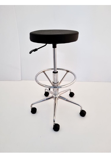 Siyah Deri Tekerlekli Yüksek Bar Boy Laboratuvar Taburesi