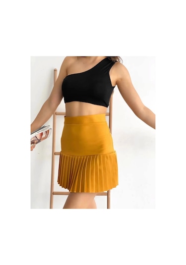 Altı Pliseli Mini Etek Hardal S24705 Hardal
