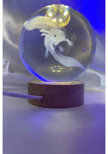 3d Led Işık Cam Küre Tek Renk Gece Lambası Axolotl Mucizevi Yenilenme 8 Cm Mega Boy