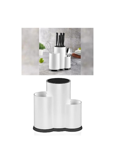 Flosoft Tezgah Üstü Bıçaklık, 3 Bölmeli Kaşık Bıçak Çatal Standı Çok Amaçlı Mutfak Düzenleyici Beyaz