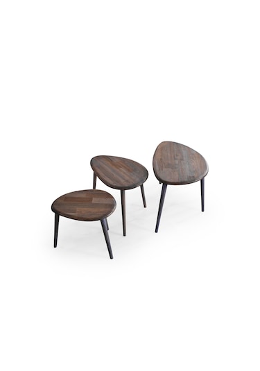 Masif Doğal Ahşap Zigon Sehpa 3'lü Set, Modern Antrasit Yan Sehpa