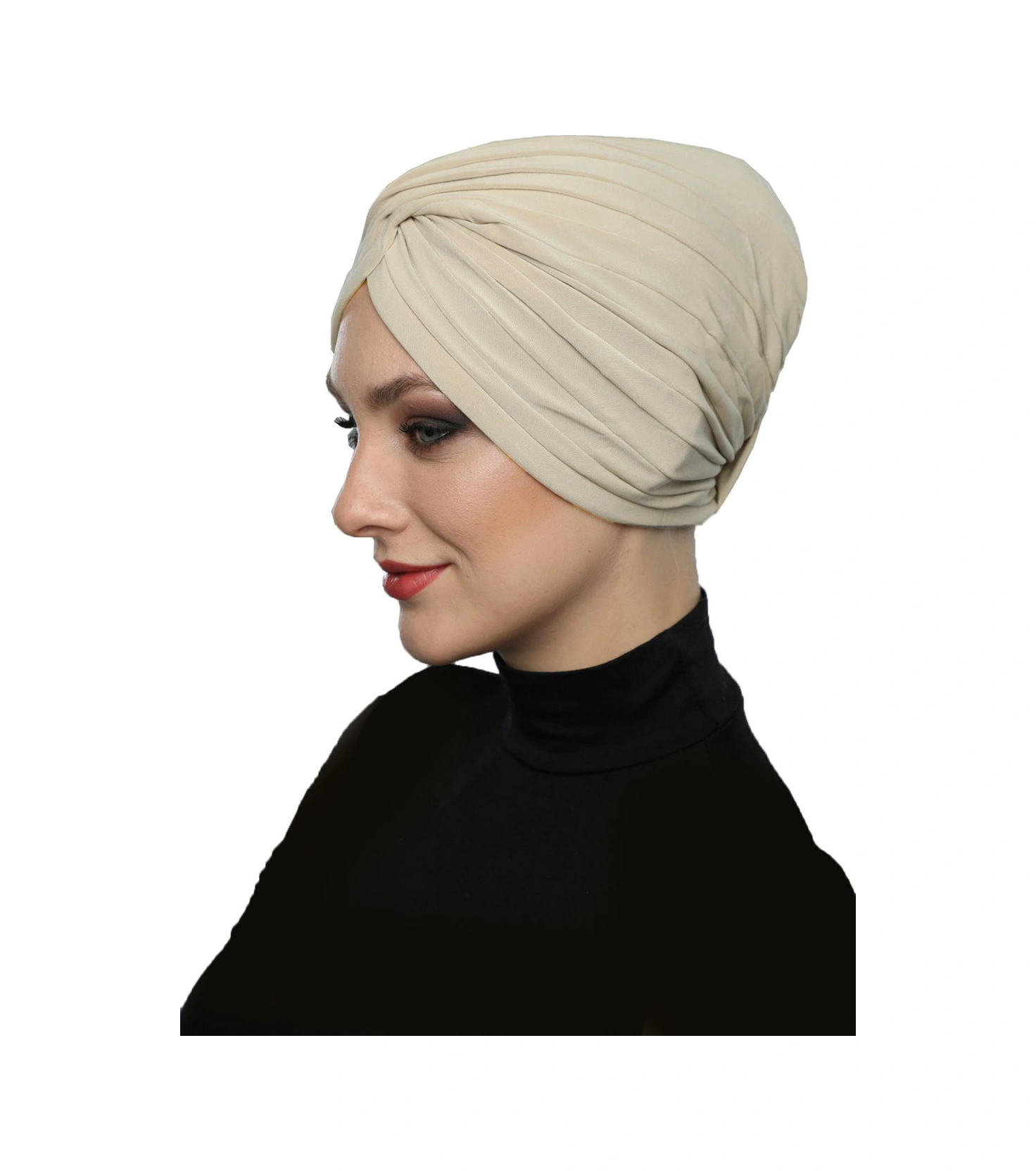 Çapraz W Nervürlü Ensesi Bantlı Kum Beji Hazır Türban Tesettür Havuz Bonesi Bej