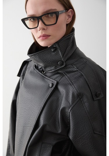 Siyah Dik Yaka Dokulu Deri Ceket - 509251 Siyah