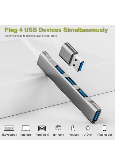 Usb Hub Çoklu Bağlantı Noktası Adaptörü, 4'ü 1 Arada Usb Bağlantı Noktası Ayırıcı, 5 Gbps Veri Aktarımı, Alüminyum Gümüş