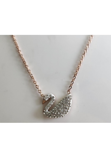 Uzel Çelik Zirkon Beyaz Taşlı Kuğu Kolye Rose Zincir Beyaz