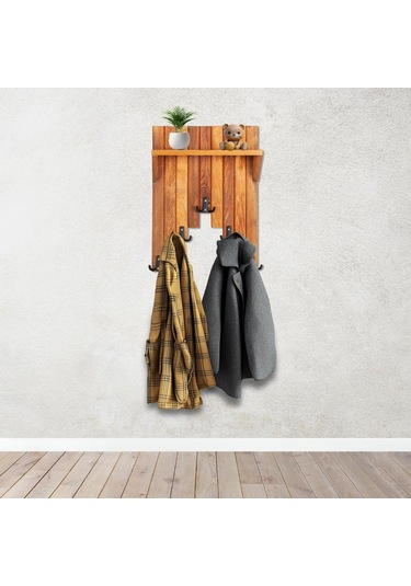 Ahşap Duvar Ve Kapı Askısı Elbise Askılık Raflı Piyano Model 5 Askılı 50x36x9 Cm Meşe