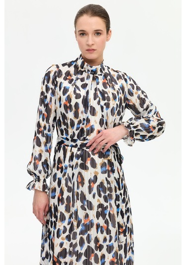 Leke Desenli Empirime Elbise Ekru Ekru