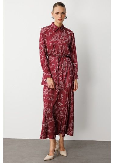 Mizalle Bordo Desenli Evaze Uzun Saten Etek Bordo