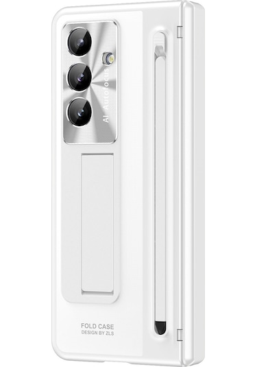 Samsung Galaxy Uyumlu Z Fold7 5g Kılıf Destekli Menteşeli Pc Telefon Kılıfı Temperli Cam Filmi Ve Kalem - Beyaz Beyaz