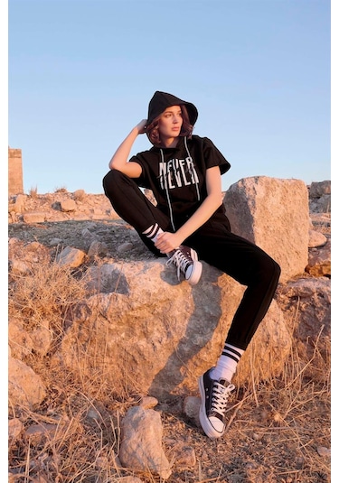 Monamise Kadın Kapüşonlu "never Give Up" Eşofman Takımı 23096 Siyah