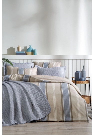 Özdilek Calista 7 Parça Yatak Örtülü Pamuklu Gelin Seti-mavi Mavi