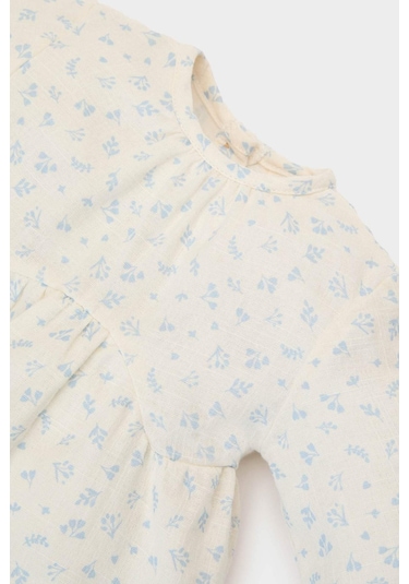 DeFacto Kız Bebek 2'li Takım Çiçekli Müslin Uzun Kollu Bluz Beli Lastikli Geniş Bol Paça Pantolon E5708A525SPER98 Ekru