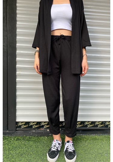 Trend Alisse Paçası Pensli Bürümcük Kimono Kadın Alt Üst Takım Siyah